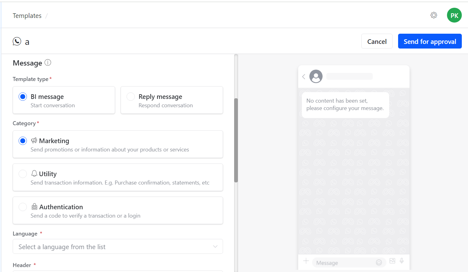 Configure WhatsApp template type category language and header