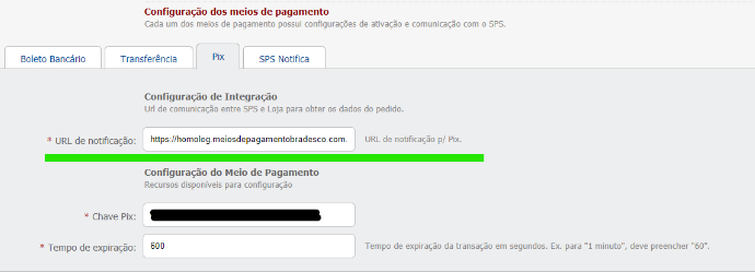 Tela Pix para cadastrar URL de notificação