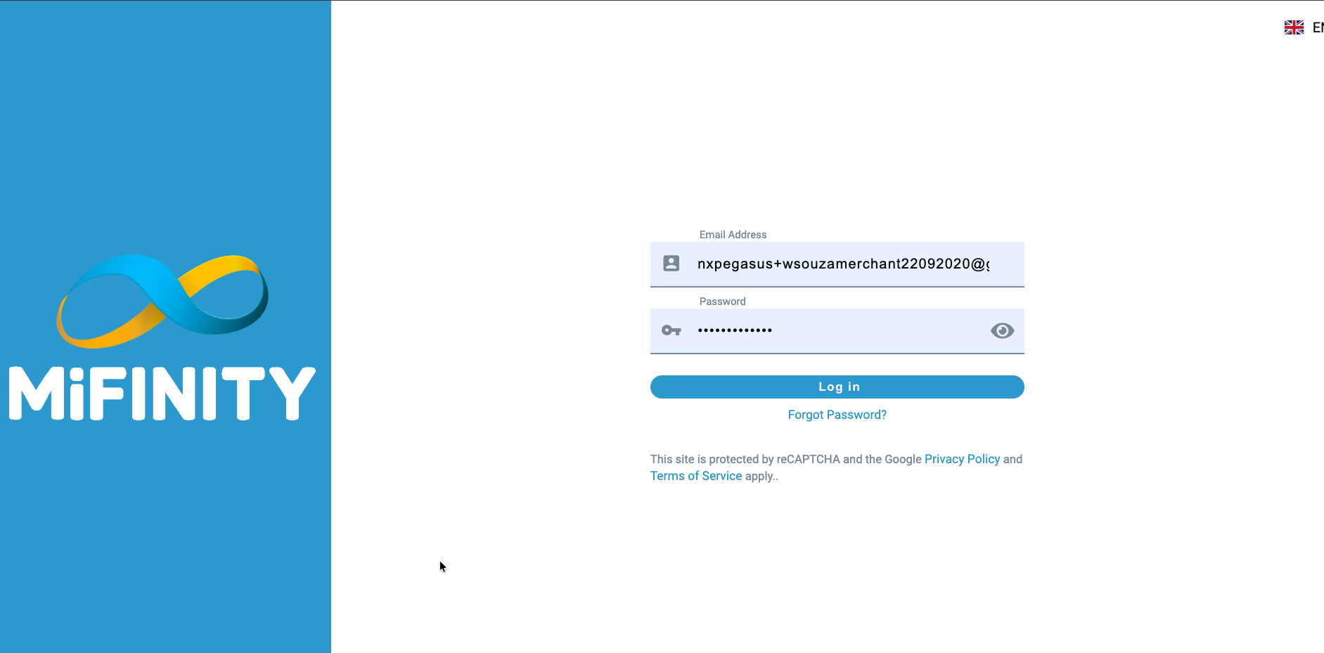 Merchant Back Office login screen