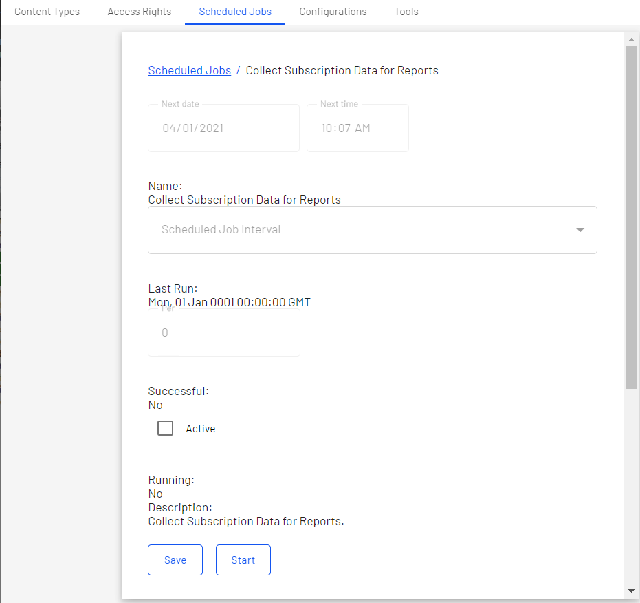Screenshot of the Optimizely CMS scheduled-jobs page where the Collect Reporting Subscription job is selected.