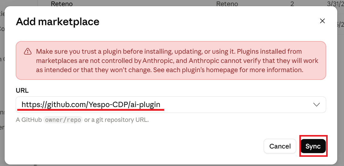 Yespo repository entered in the Add marketplace dialog