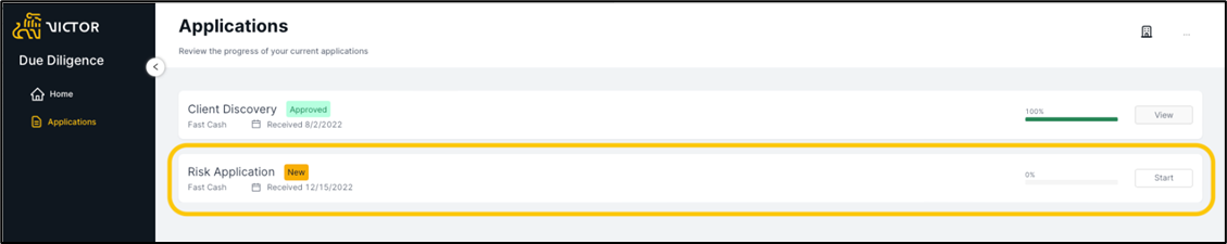 Figure 9. Client able to see new risk application within Applications dashboard