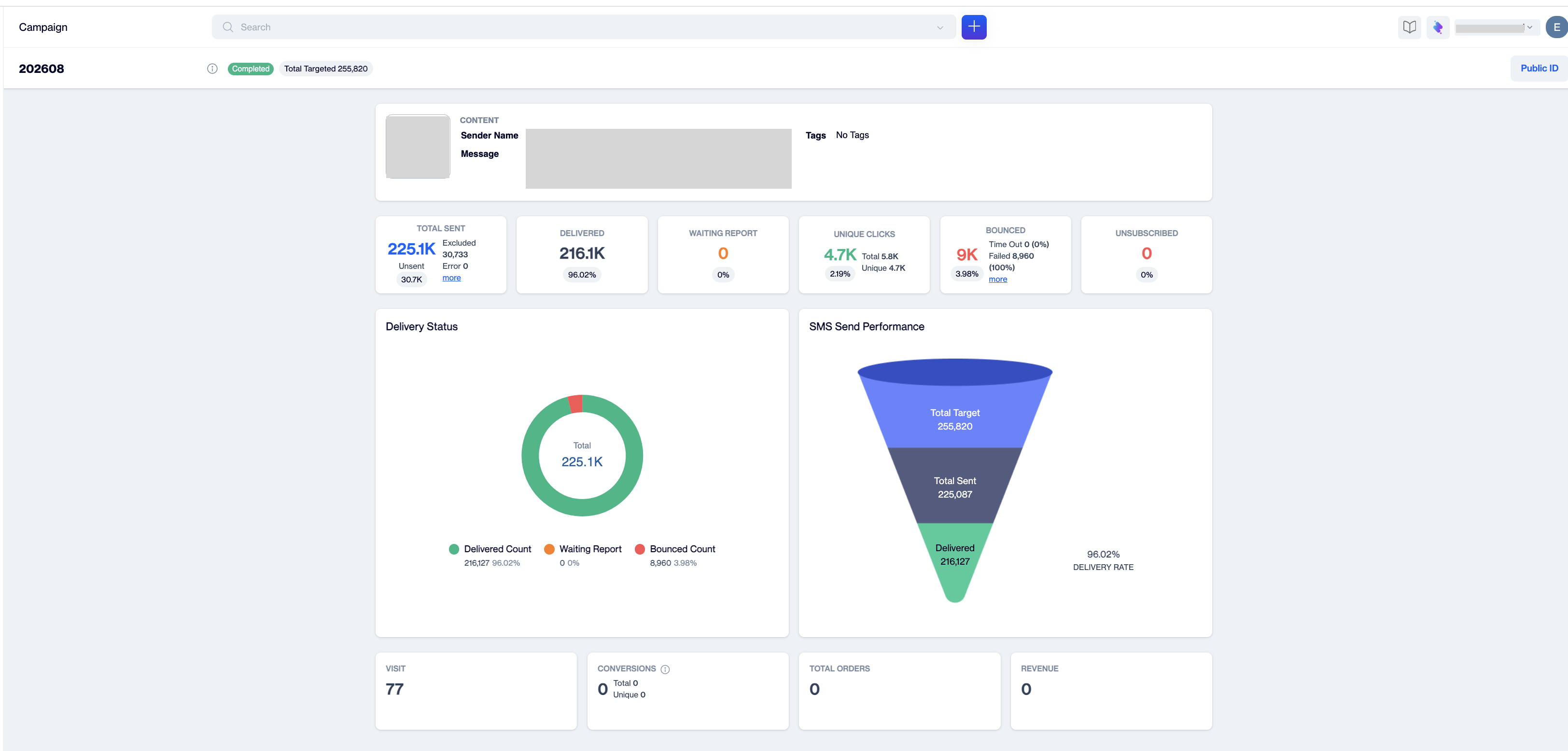 dengage SMS/MMS Detailed Report with the message content card, delivery and click cards, Delivery Status chart, and send performance funnel