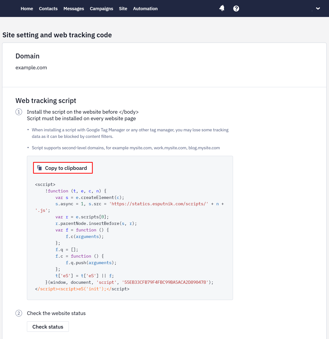 Web tracking script ready to copy and install before the closing body tag