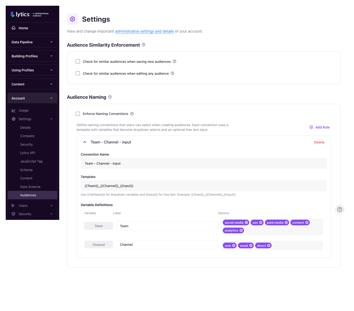 Admin page for Audience Naming with one expanded rule showing template and variable options