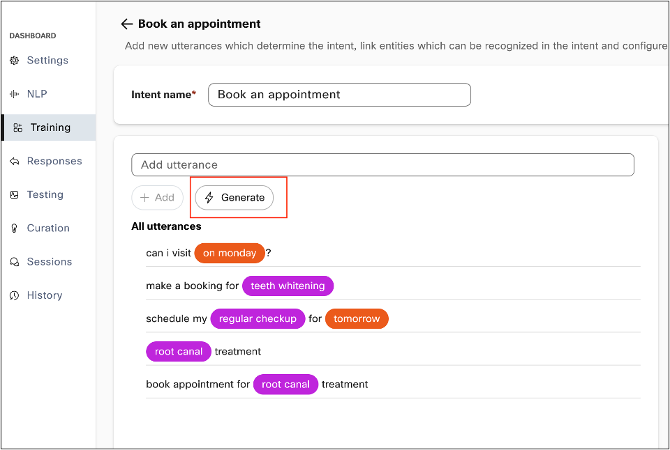 Generate button in the intent configuration screen in task bot