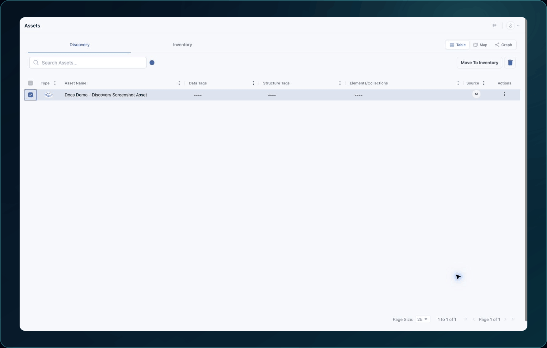 Discovery table with an example row selected and the Move To Inventory action available.