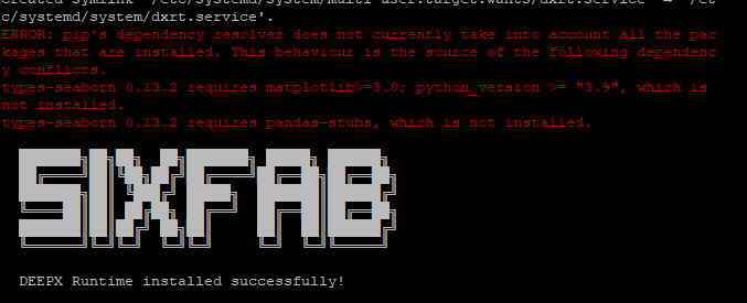Terminal showing expected pip dependency warnings followed by DEEPX Runtime installed successfully