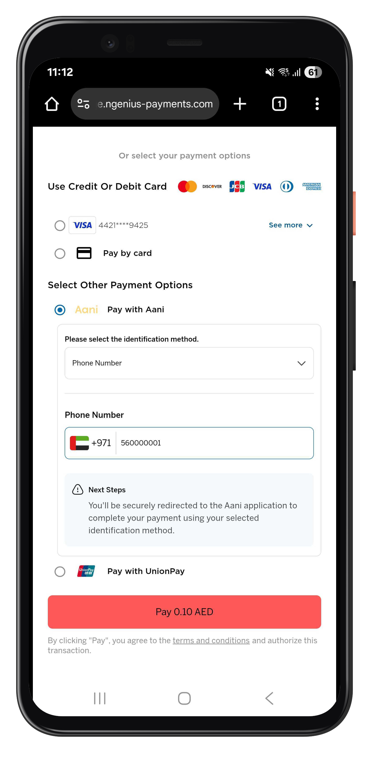Customer enters their Aani-linked phone number on the payment page and taps the “Pay” button.