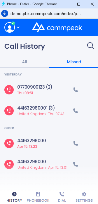 Screenshot of the Call History screen: Missed tab