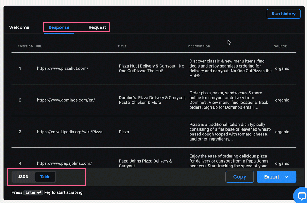 The Scrapers section – reviewing the results.