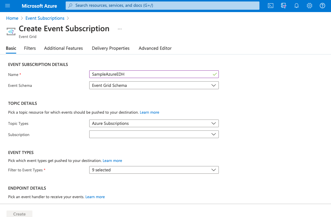 Azure Console - Sample Event Subscription form