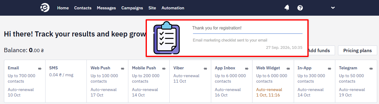 Platform dashboard with an open App Inbox notification thanking the user for registration and confirming an email marketing checklist was sent