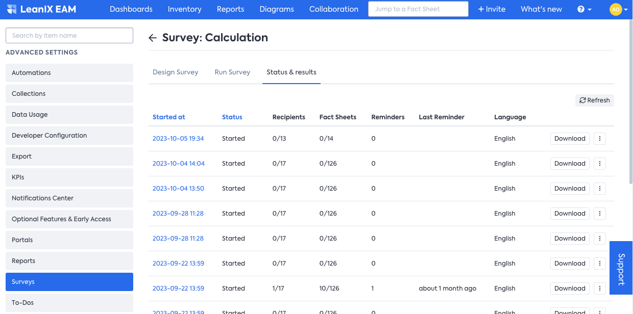 A list of poll runs for an example poll in the Surveys section