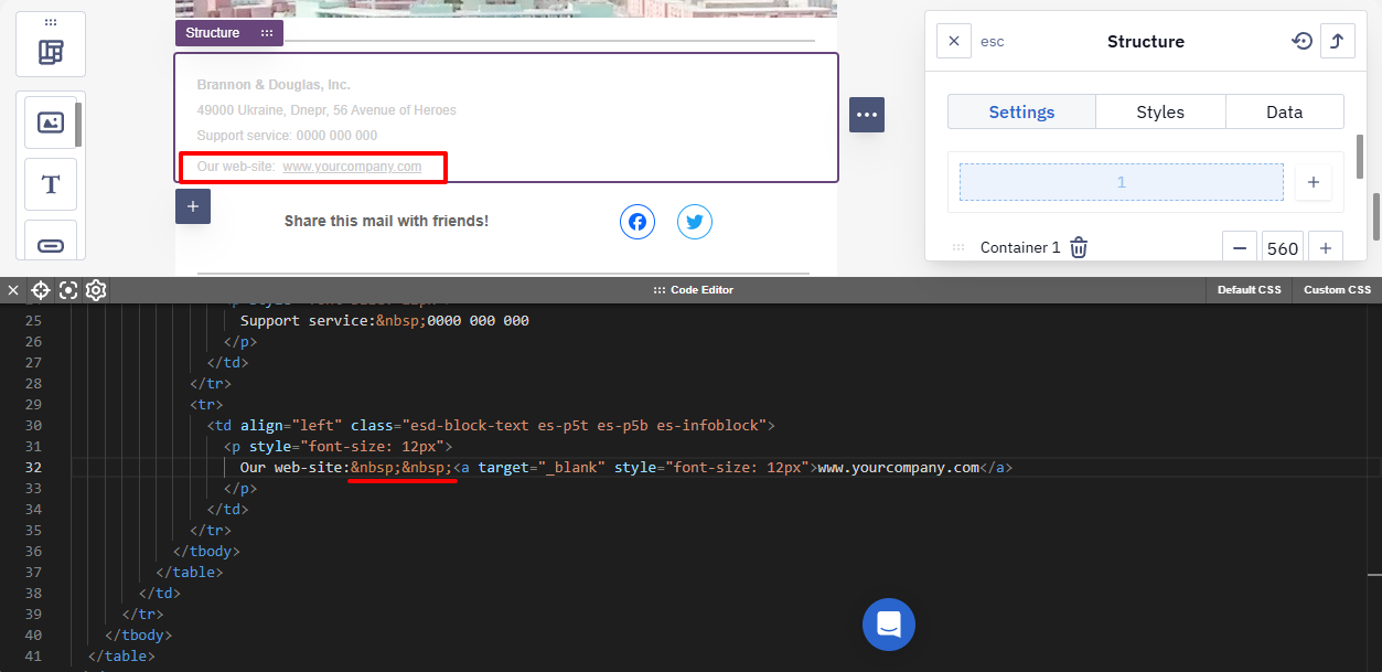 Email HTML code with duplicate non-breaking space entities highlighted