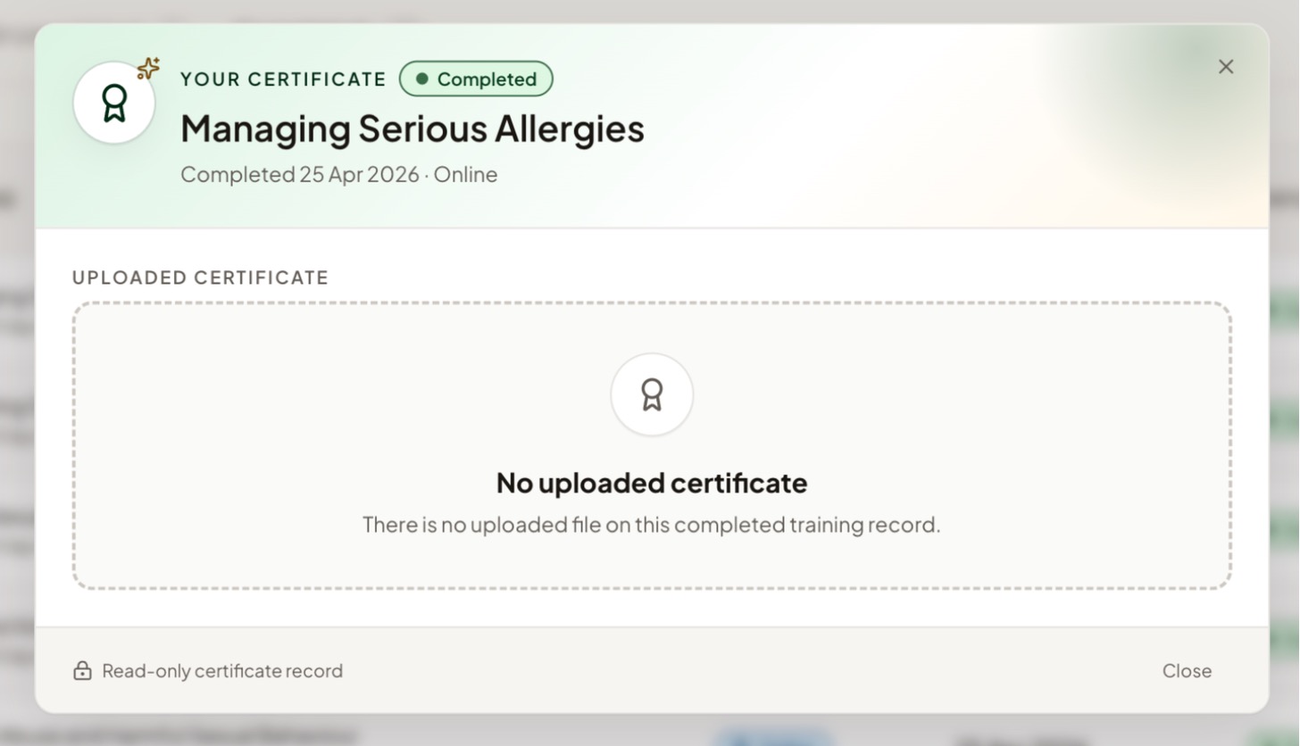Certificate record for a completed course