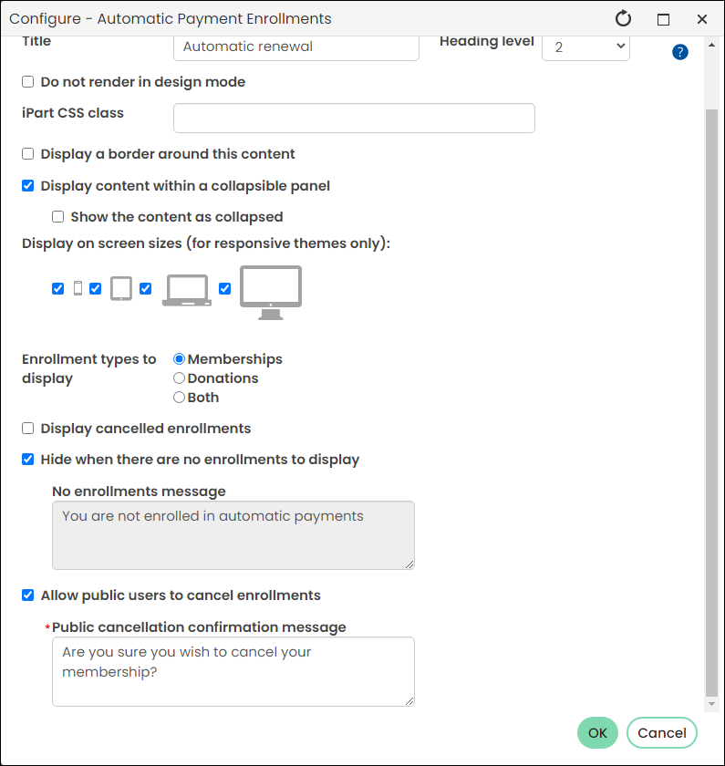 Enabling Allow public users to cancel enrollments and entering a Public cancellation confirmation message from the Automatic Payment Enrollments content item