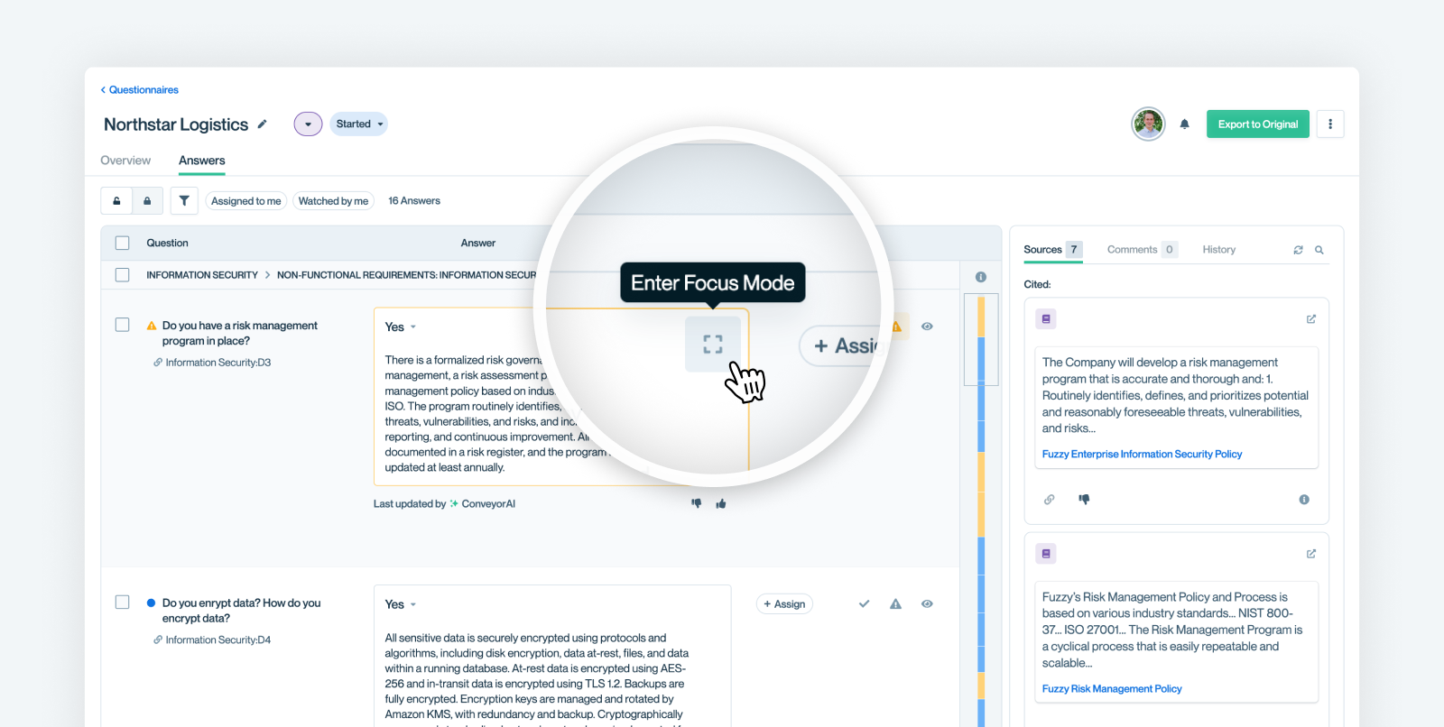 Focus mode modal showing one question with its sources.