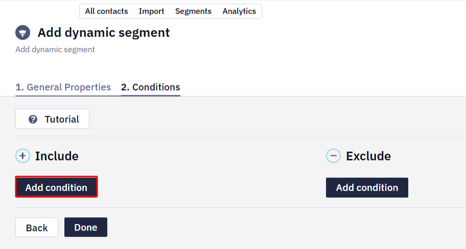 Add condition button in the Include section
