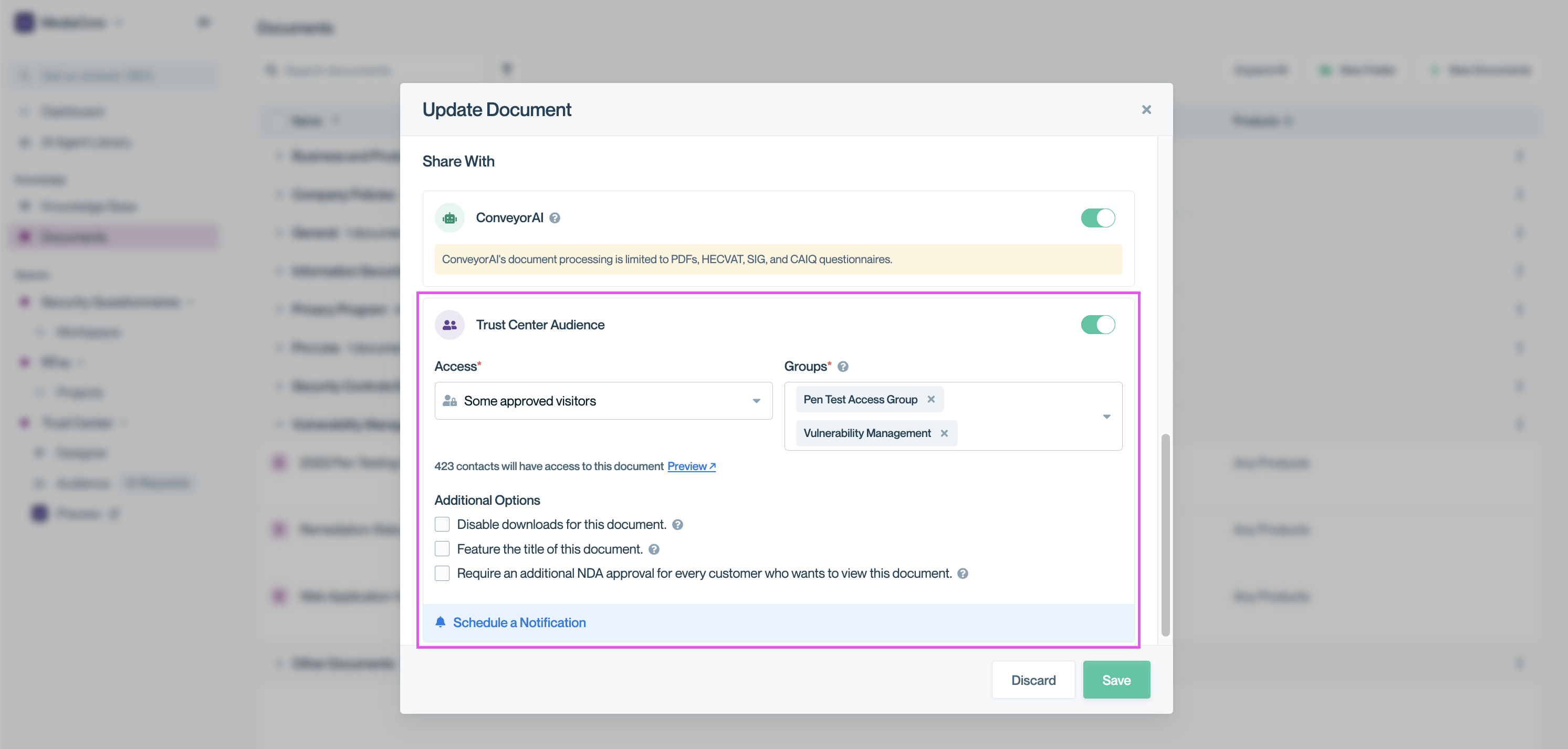 Update Document modal in Conveyor with the Access dropdown set to ‘Some approved visitors.’ Two access groups—‘Pen Test Access Group’ and ‘Vulnerability Management’—are selected in the Groups field. Additional Options are visible below.