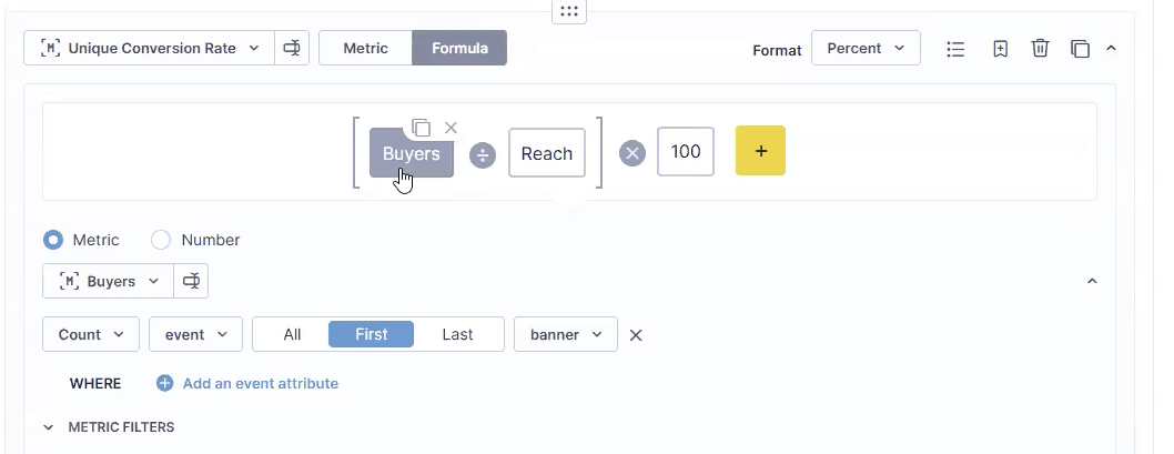 Formula metric editor showing buyers divided by reach multiplied by 100, formatted as percentage.