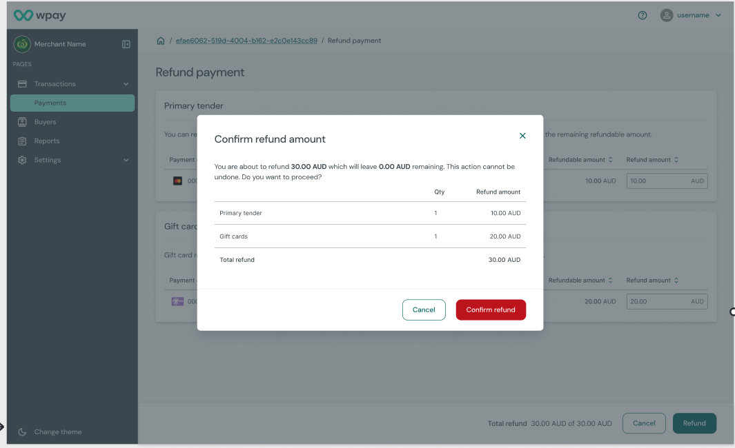 Primary tender and gift card refund confirmation screen