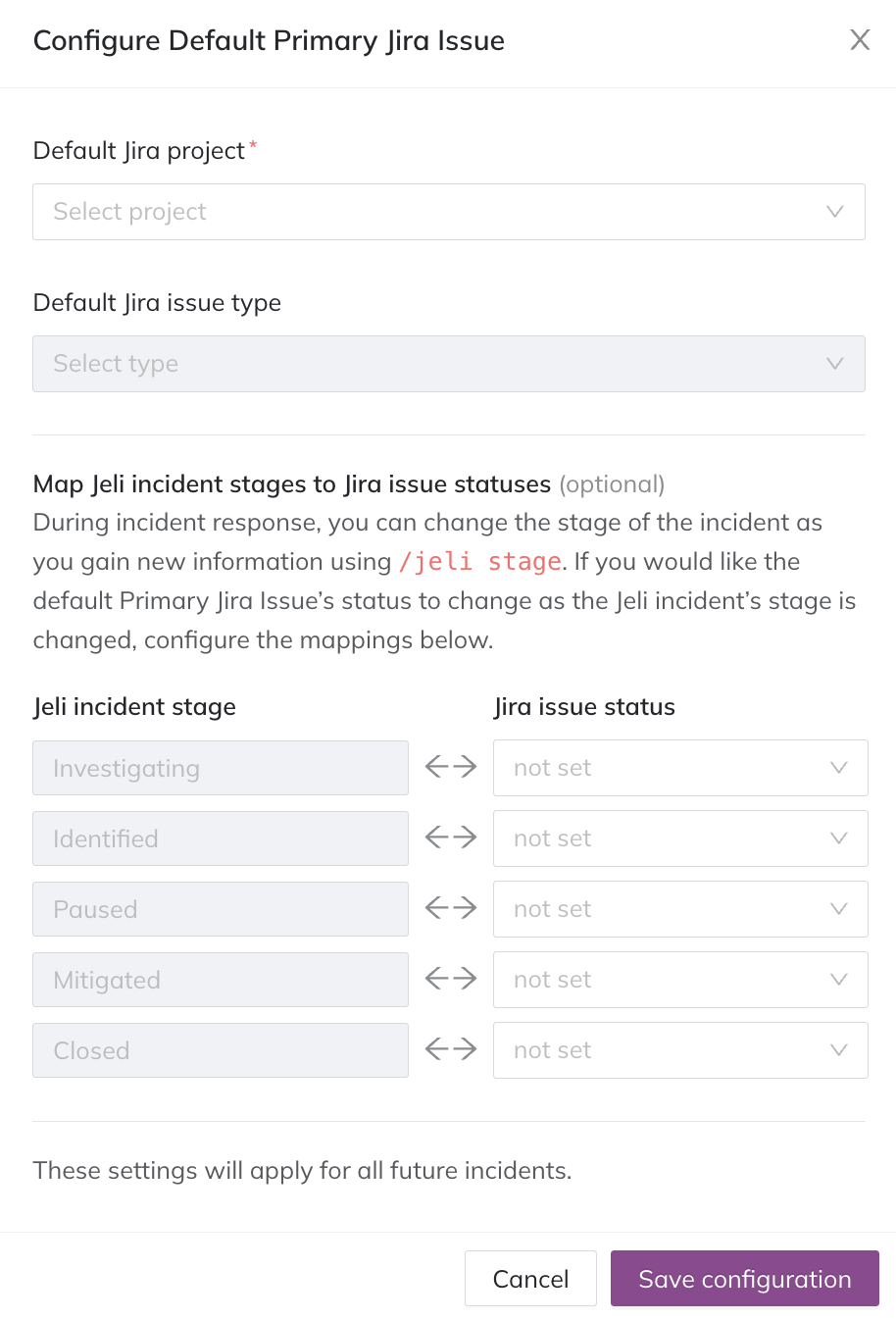 A screenshot of the Jeli web app detailing how to configure the default primary Jira issue and sync Jeli incident stages with Jira issue statuses