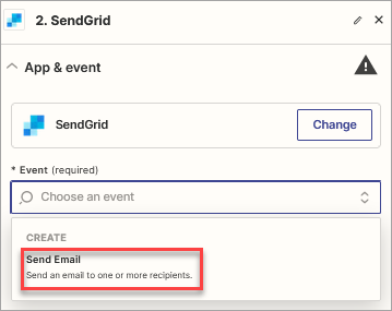 Screenshot of the **SendGrid** event dialog: **App & event** step