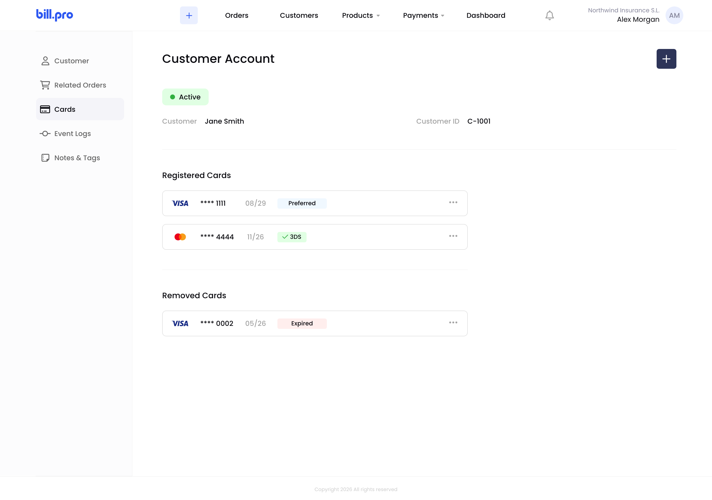 The Cards tab with registered and removed cards