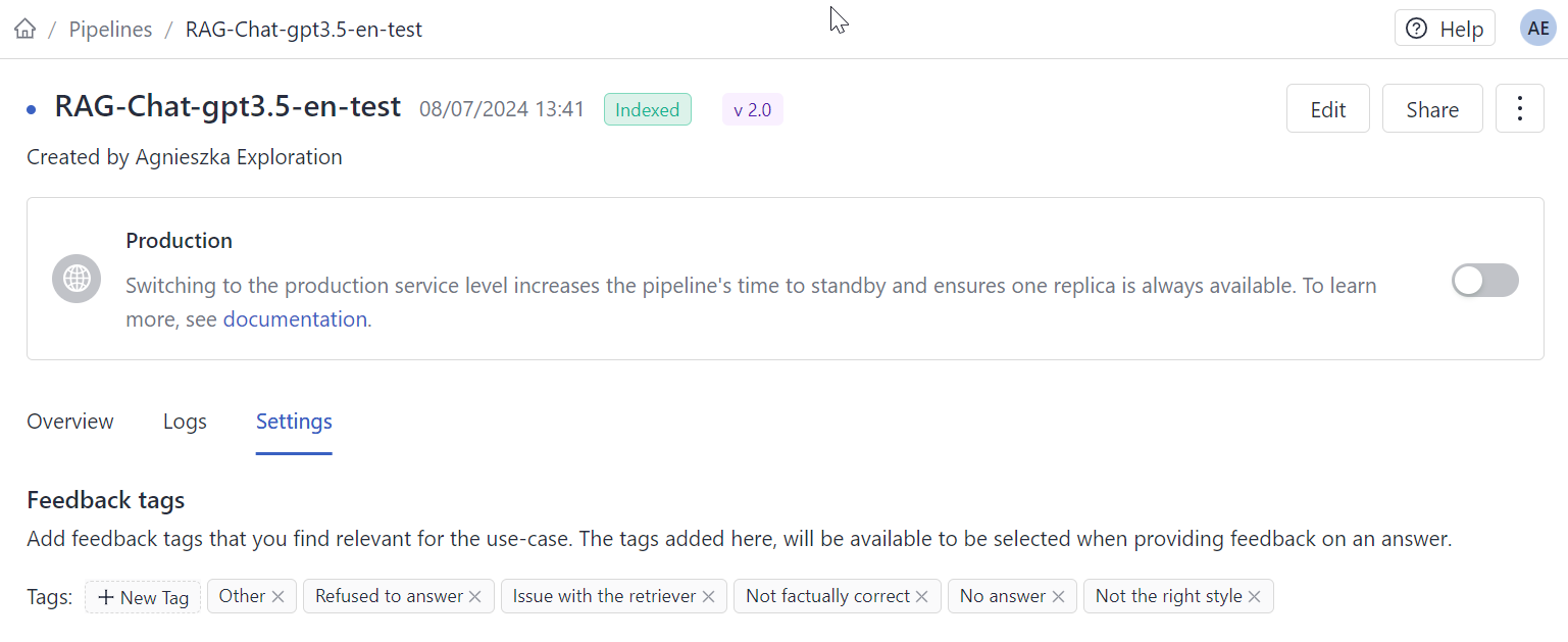 The Pipeline Details page with the Settings tab open and tags displayed there