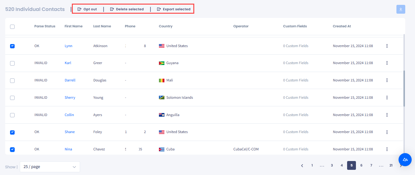 Screenshot of the contact management controls
