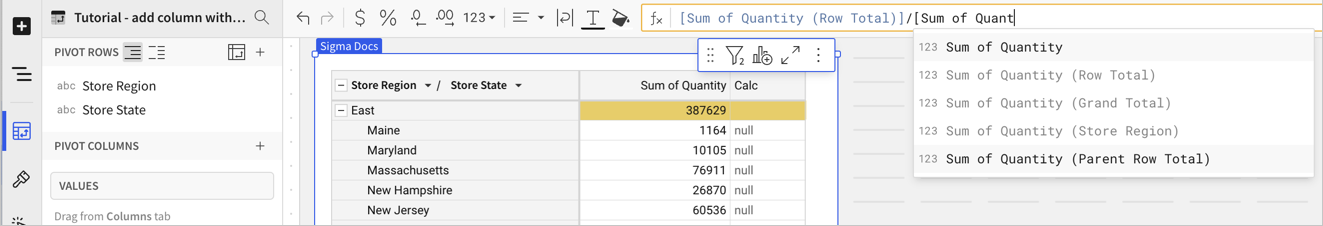 Formula bar for the new column, with the drop-down menu open showing auto-complete options for the Parent Row Total column.