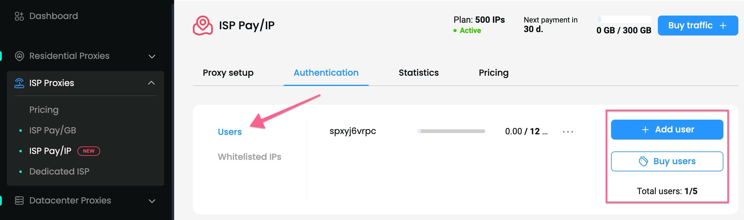 The Proxy user authentication section.