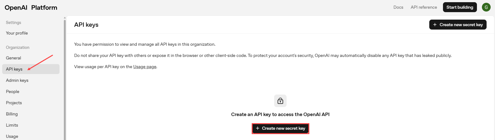 Screenshot with the + Create new secret key button