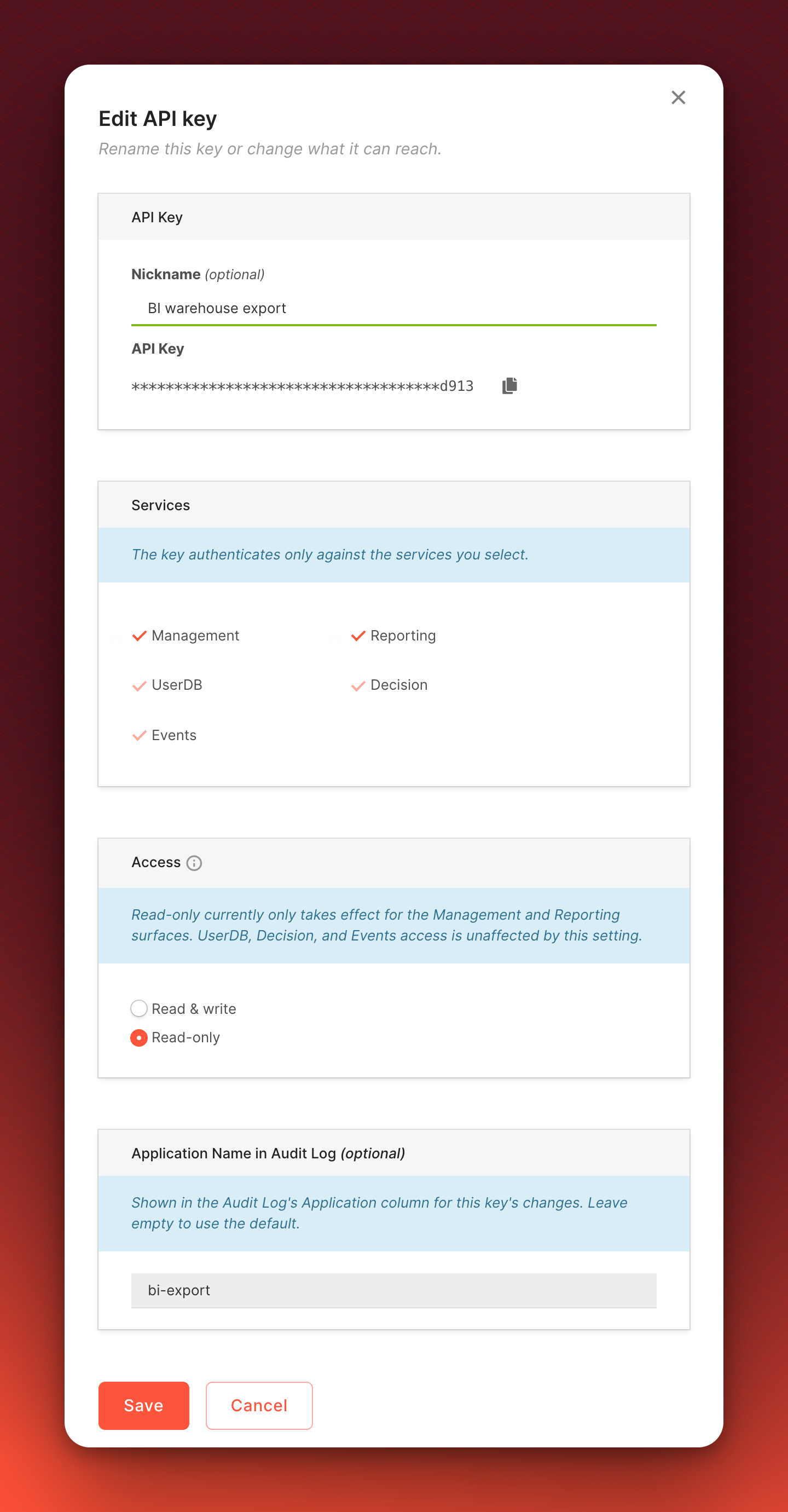 The Edit API key dialog for a read-only key named BI warehouse export. The key is masked, Management and Reporting are selected, Read-only is chosen, and the application name is bi-export.