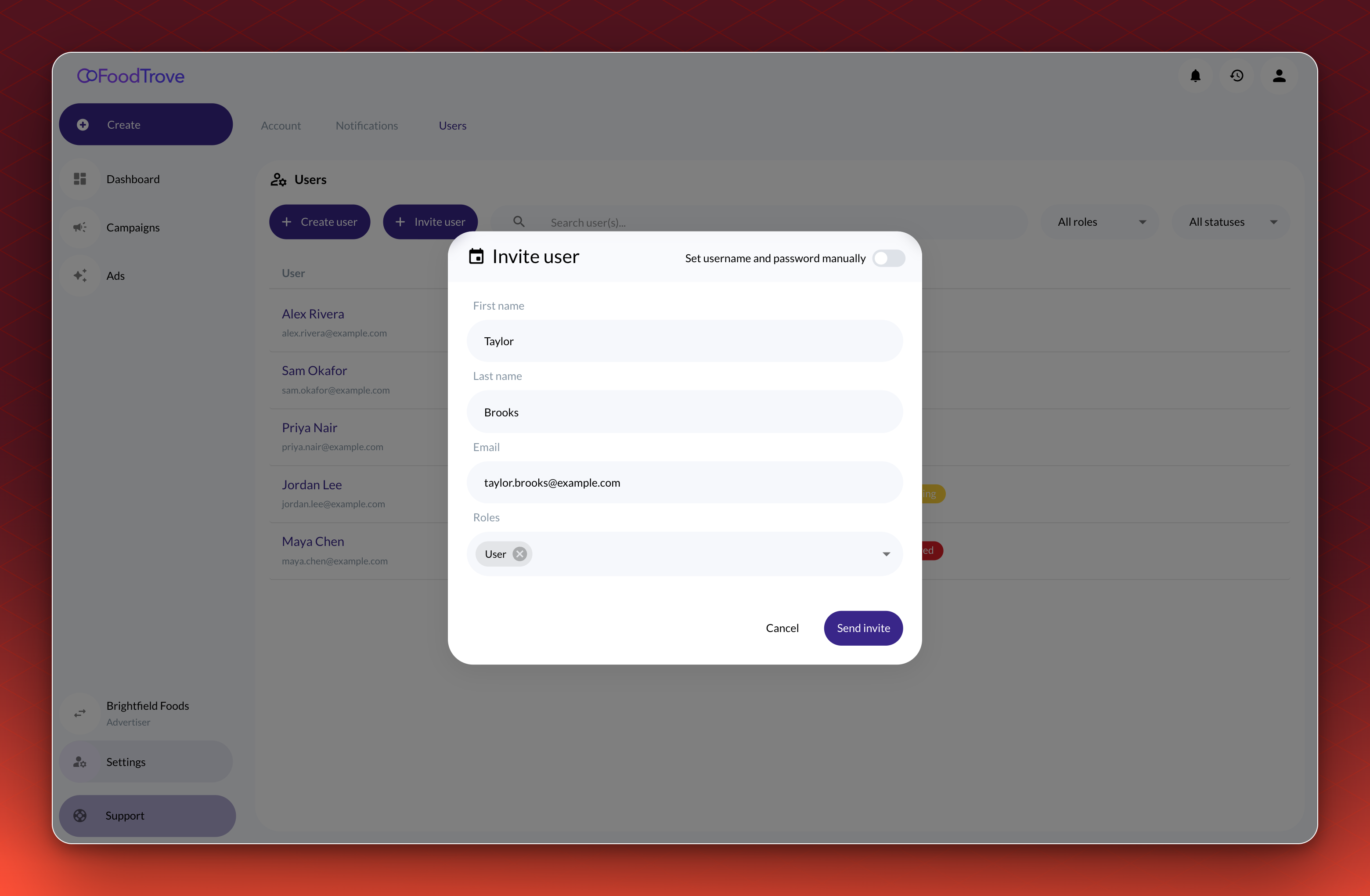 The Invite user dialog over the Users tab, with first name, last name, email address and role filled in, and the Send invite button.
