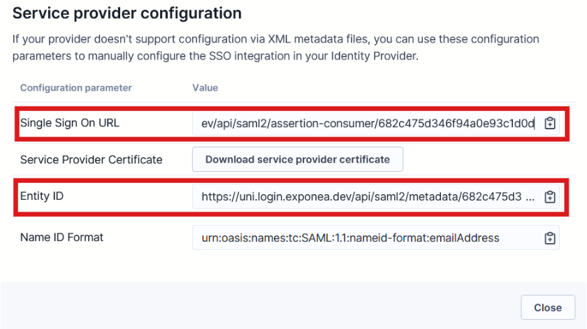 Bloomreach Service provider configuration showing Single Sign-On URL and Entity ID fields highlighted.