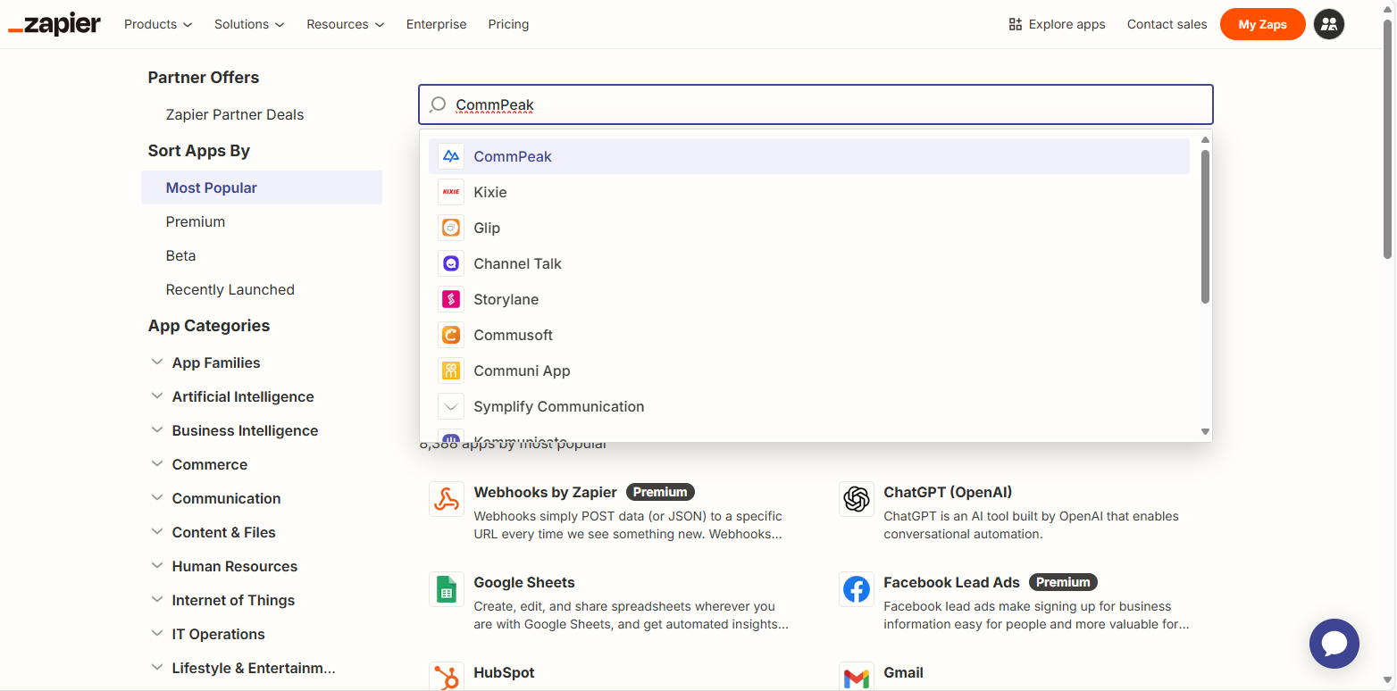 Screenshot of the search for the CommPeak app