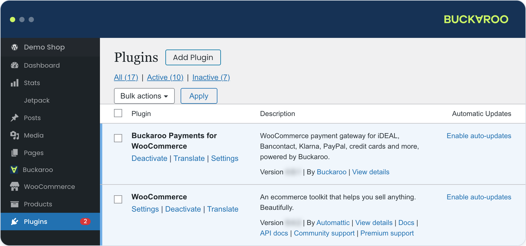 Verify if the Buckaroo plugin is installed and active