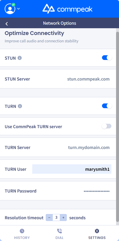 Screenshot of enabling TURN protocol settings using a custom server