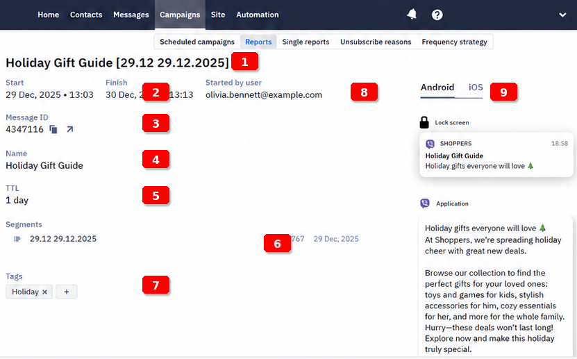 General information section of the Viber campaign report