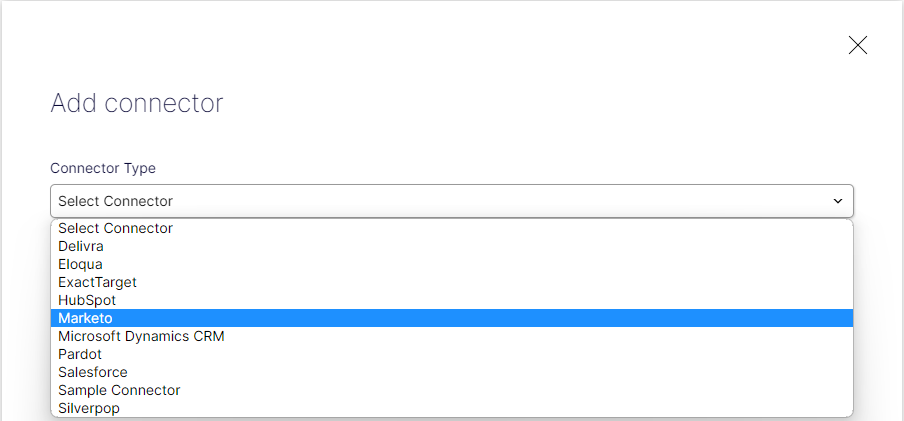 Screenshot of the Add connector view where selecting a marketing automation connector type