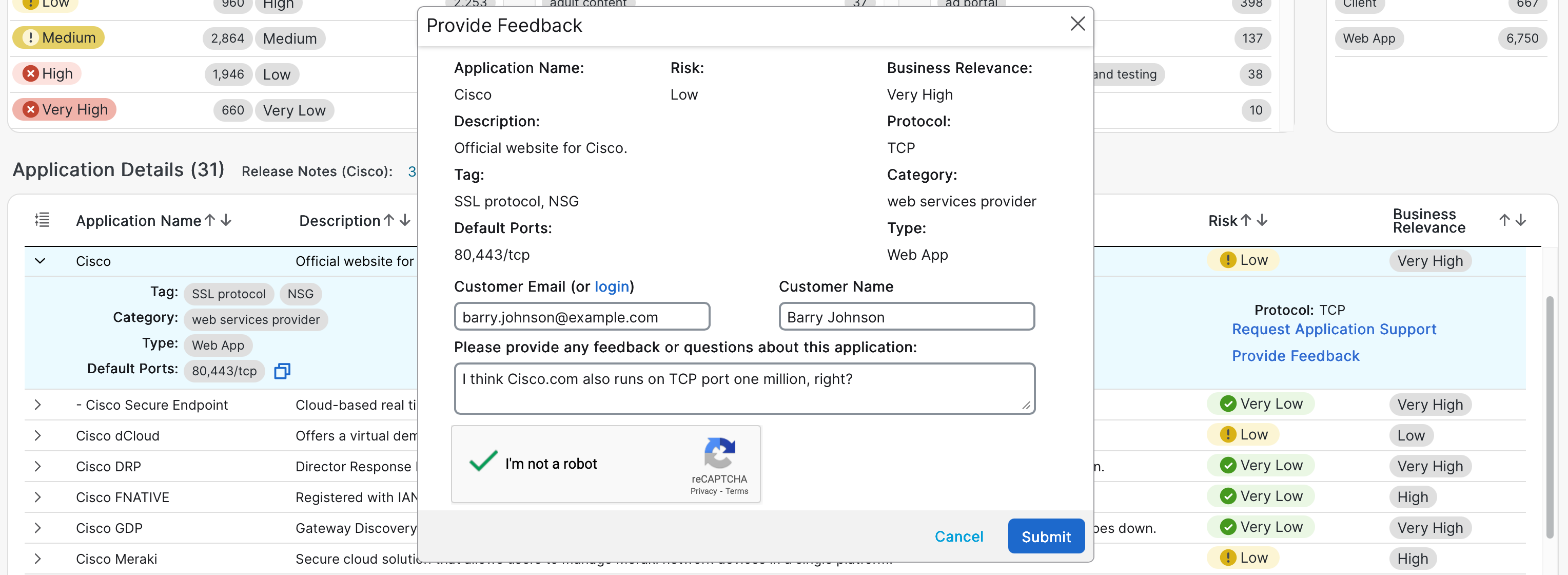 Feedback is being provided on the Cisco AppID portal for the Cisco app