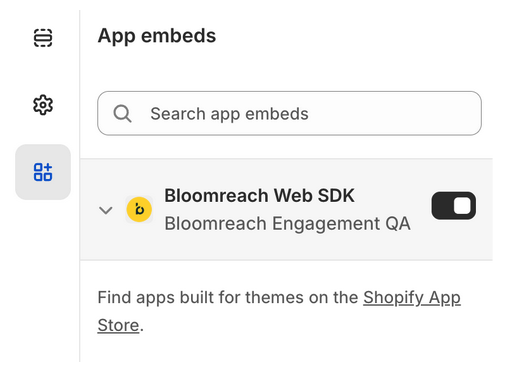 App embeds panel showing search field and Bloomreach Web SDK with toggle switch, plus "Find apps built for themes on the Shopify App Store" link below