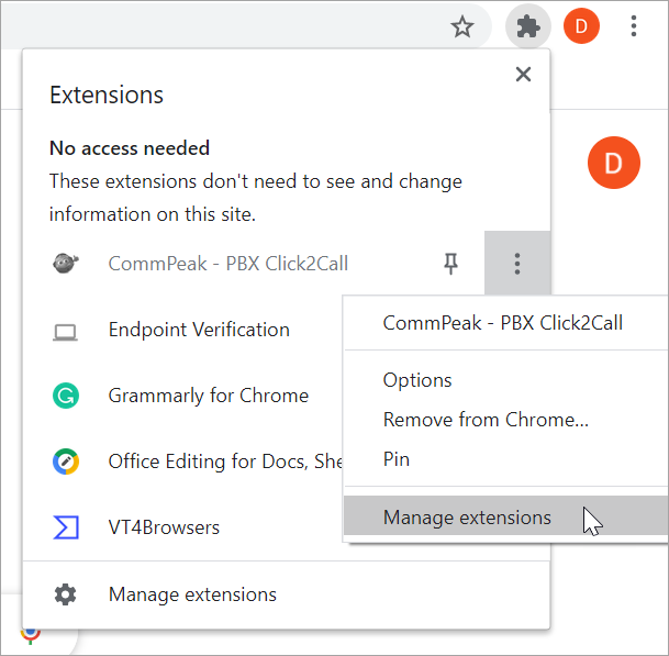 Screenshot of the **Manage extensions** option