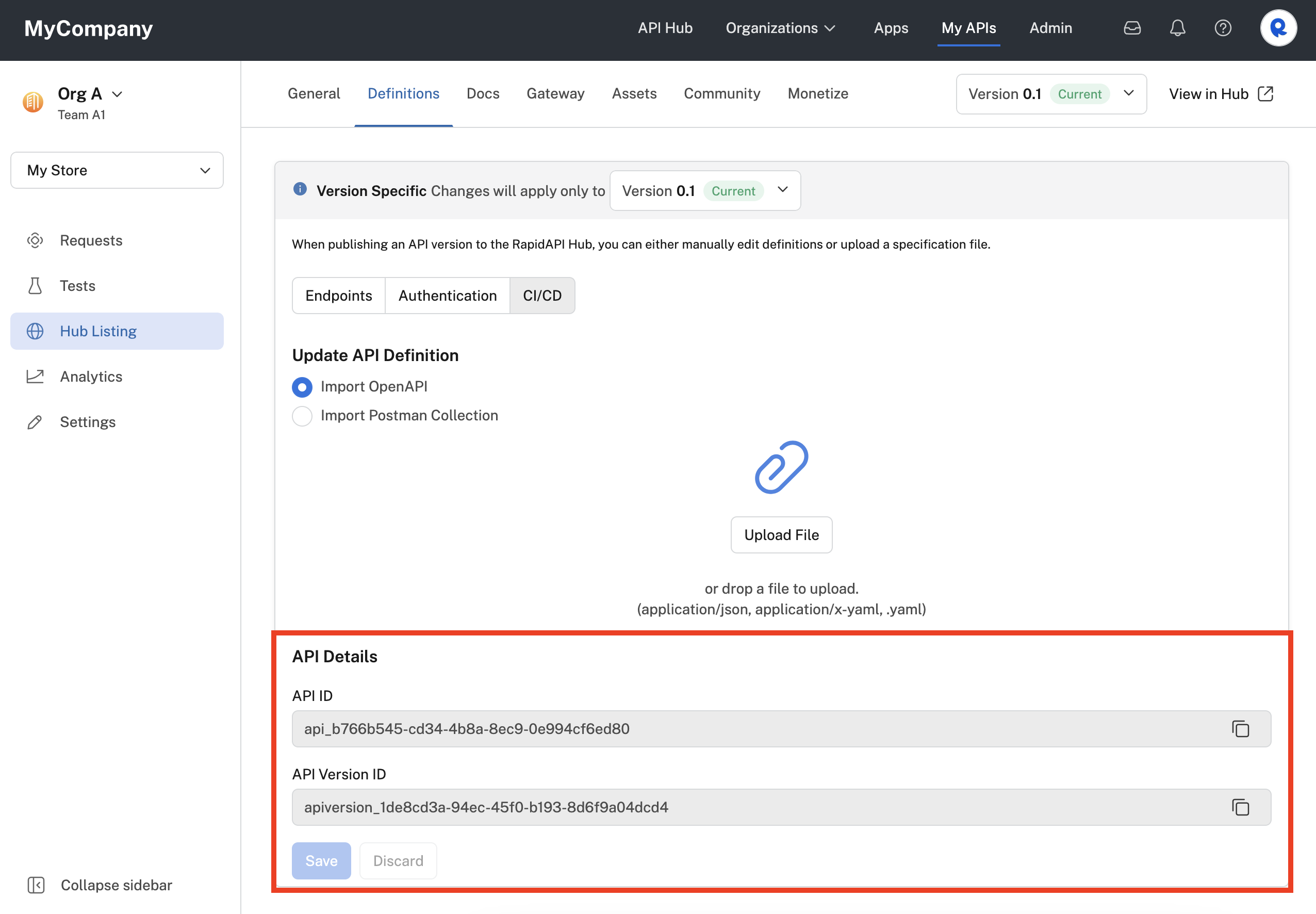 Copying the API ID and/or API Version ID for the API.