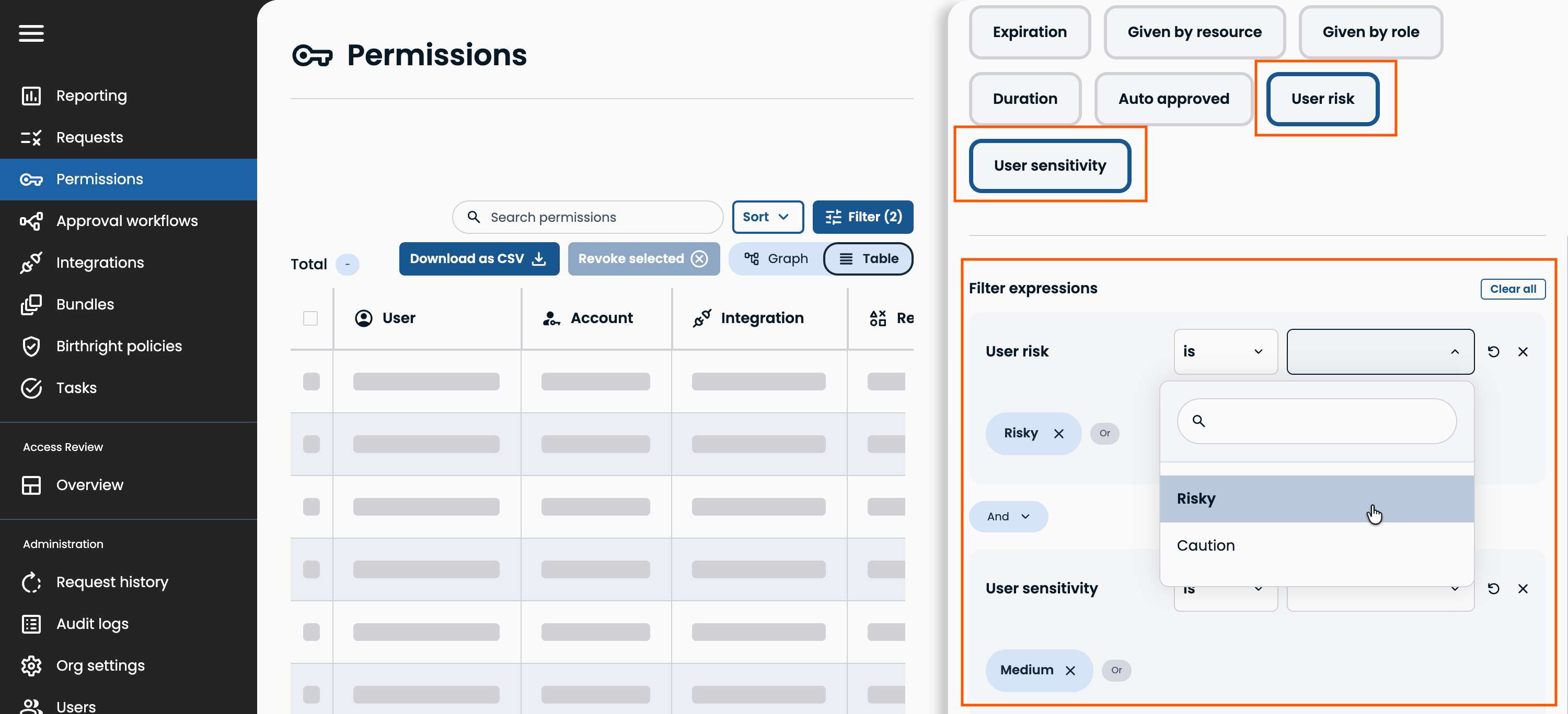 Filtering the table by user risk or user sensitivity