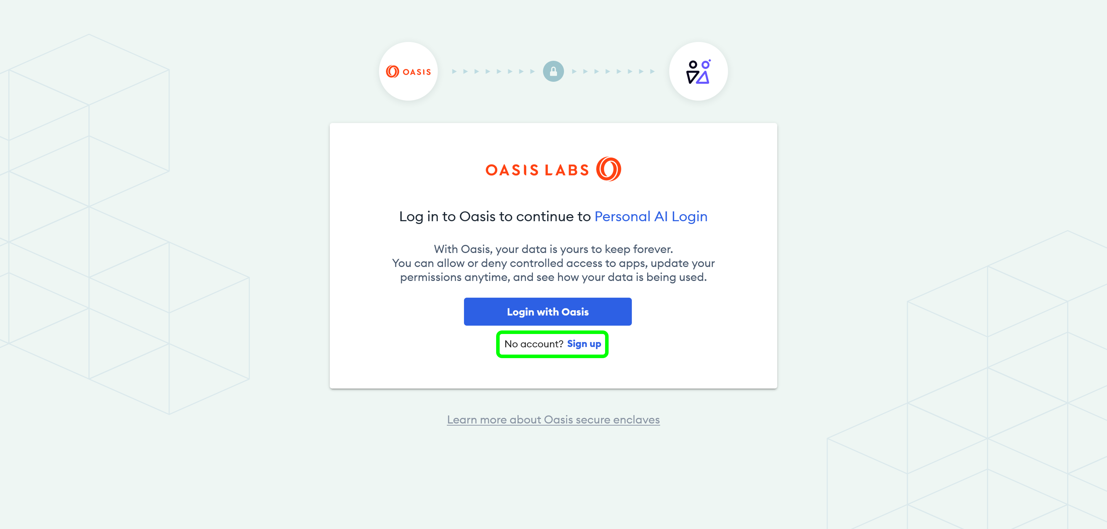 Screenshot of sign up option on Oasis login page