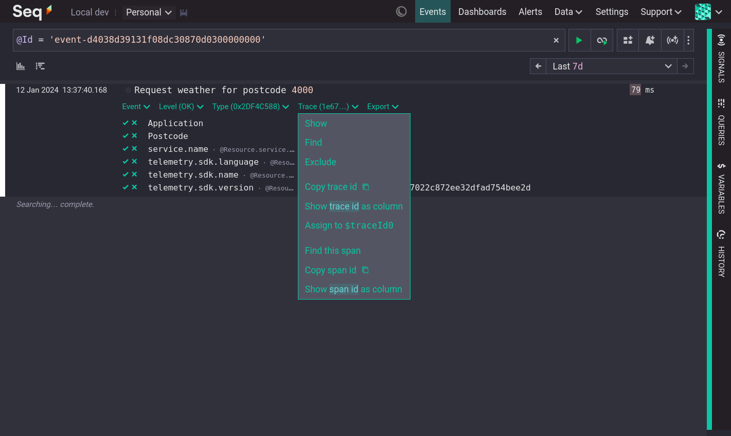 A span with its Trace menu open