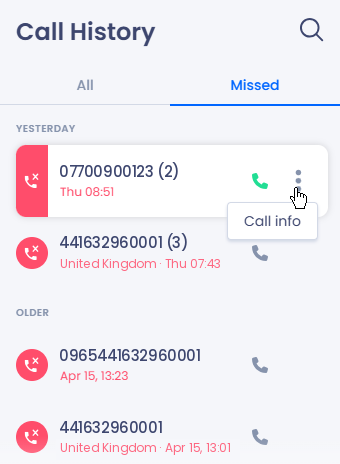 Screenshot of the Call info button
